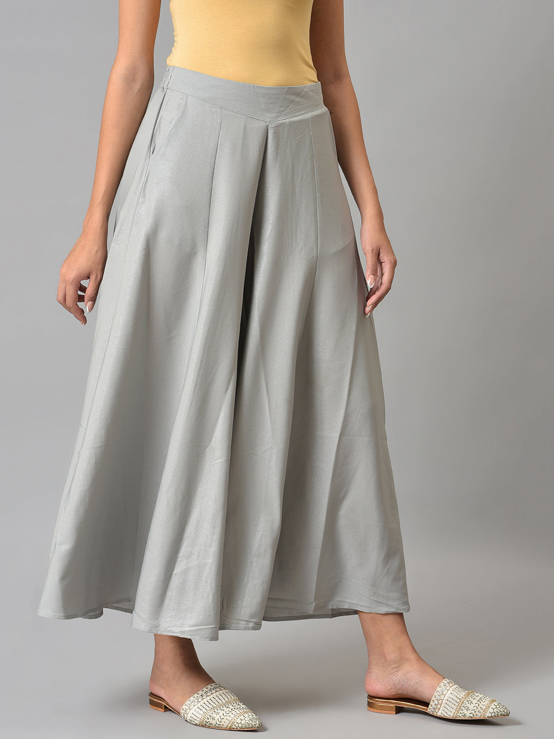 Grey Solid Flared American Crepe Palazzo With Pockets