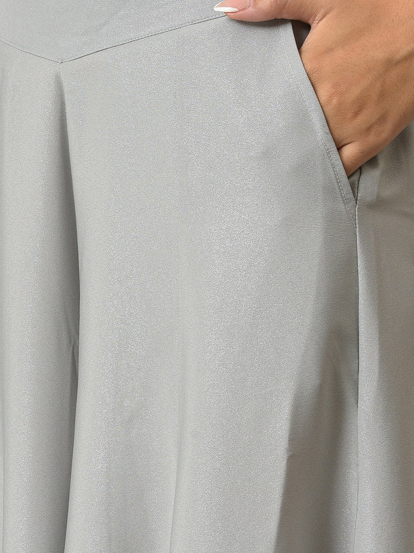 Grey Solid Flared American Crepe Palazzo With Pockets