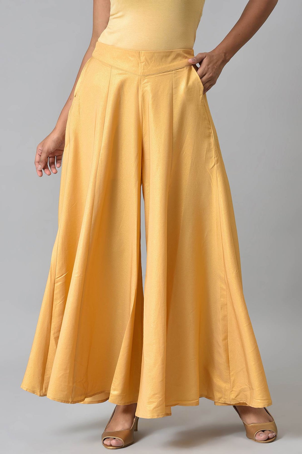 Elleven Women's Gold Solid Flared Woven Palazzo With Side Pockets - XS