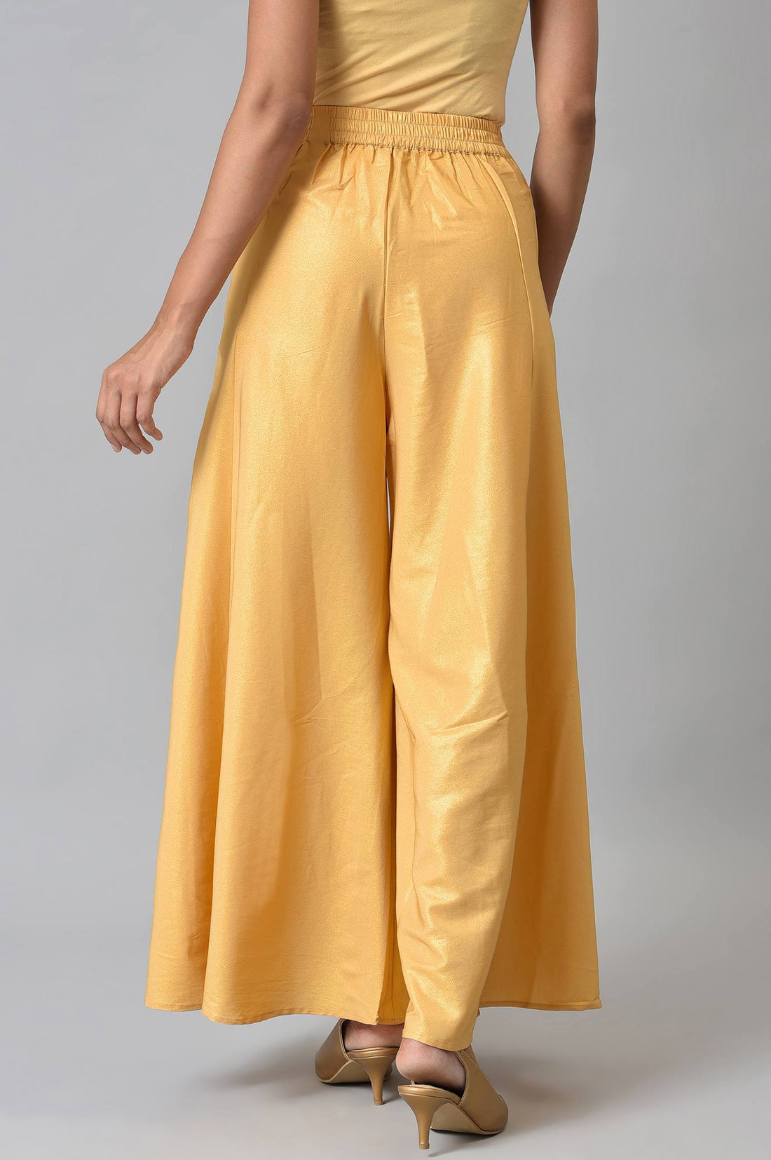 Gold Solid Flared Woven Palazzo With Side Pockets