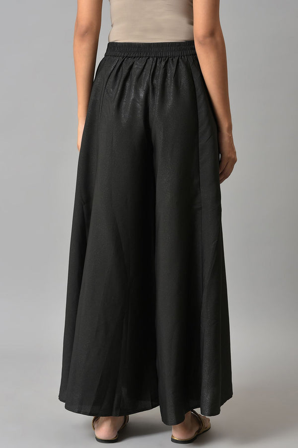 Black Solid Flared Woven Palazzo With Side Pockets