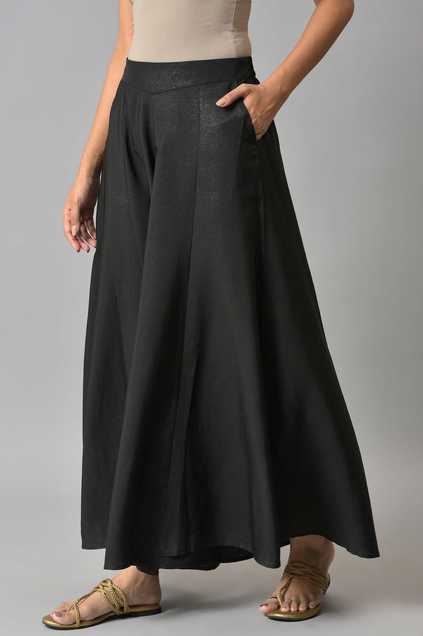 Black Solid Flared Woven Palazzo With Side Pockets