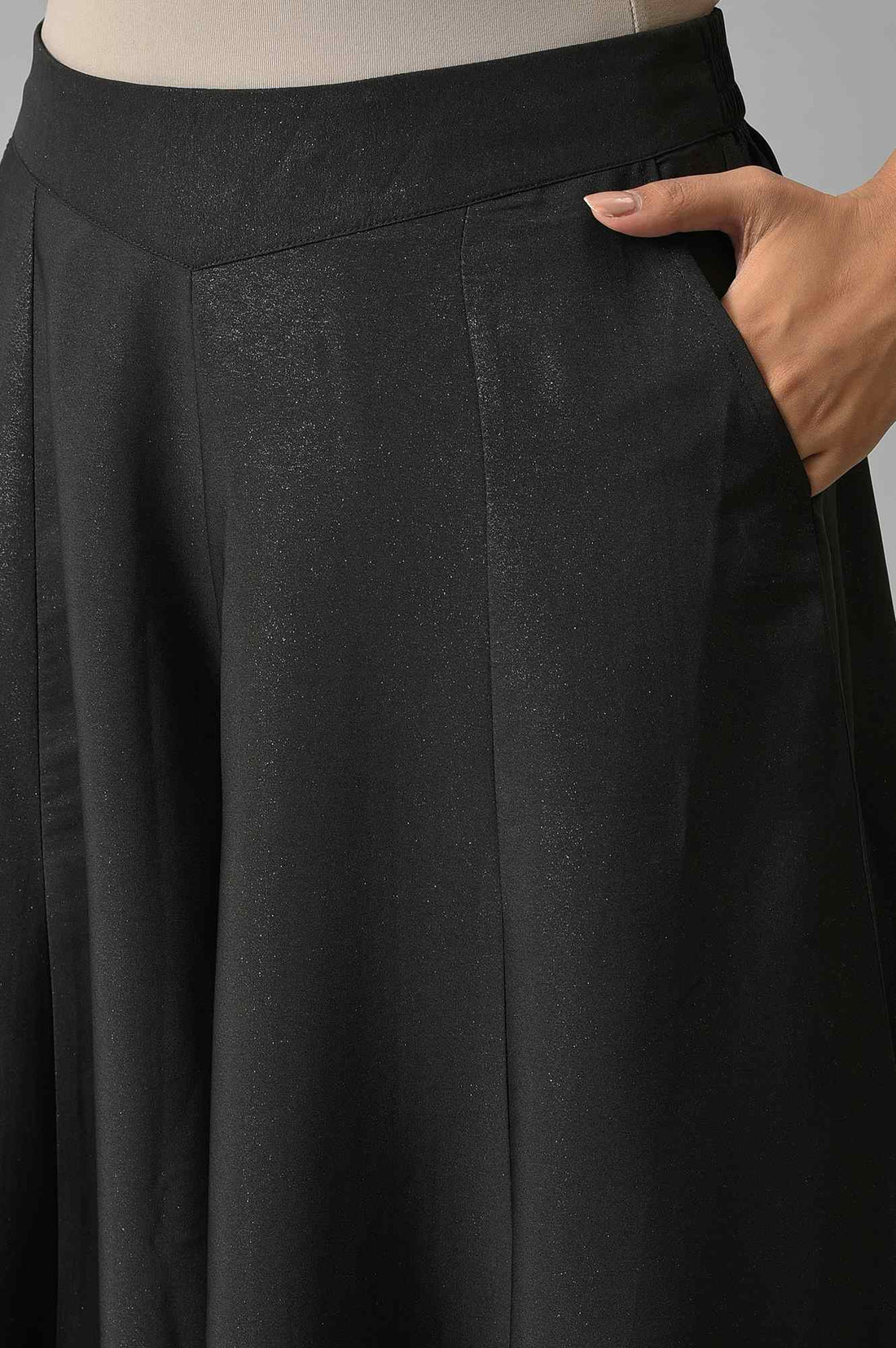 Black Solid Flared Woven Palazzo With Side Pockets