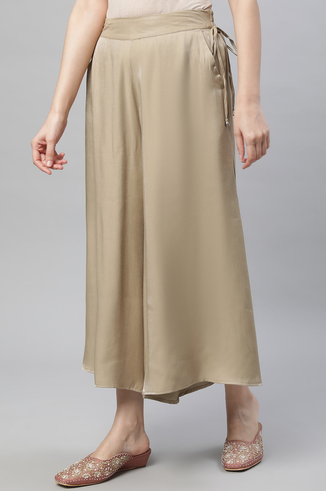 Gold Solid Flared Rayon Culottes With Slip On Closure