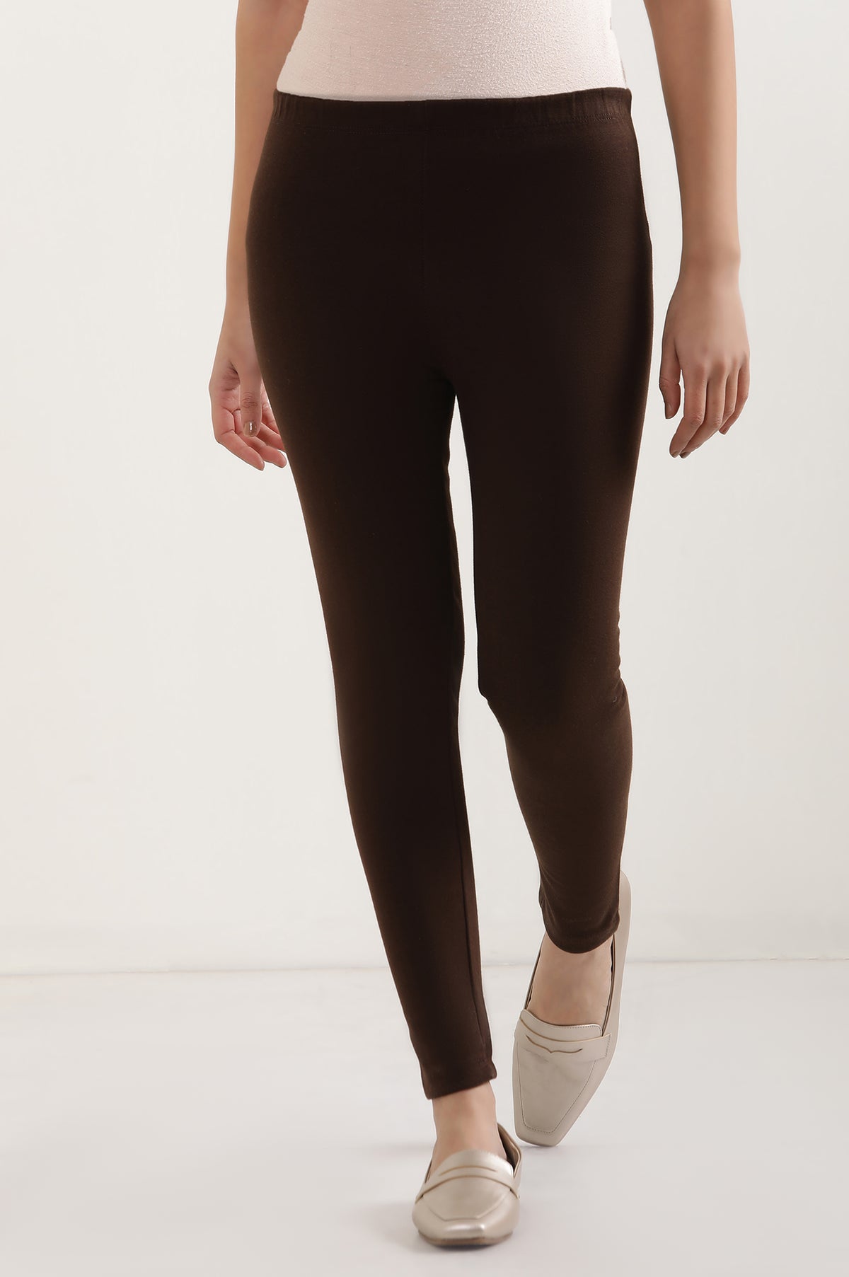 Elleven Women's Brown Solid Skinny Fit Tights With Elasticated Waist - XS