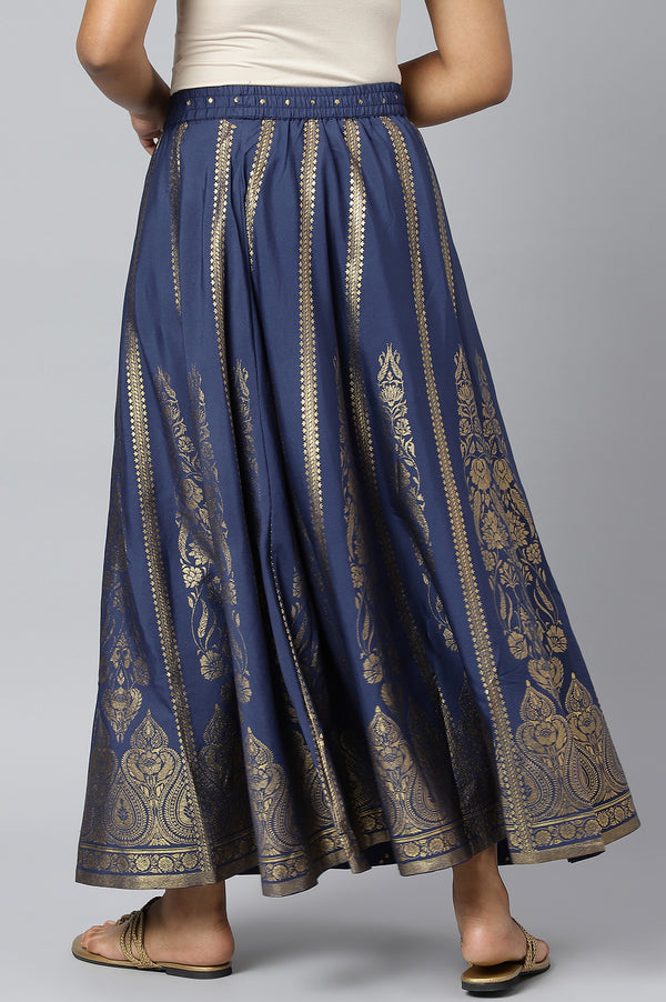 Navy Blue Floral Printed Flared Woven Skirt With Elasticated Waist