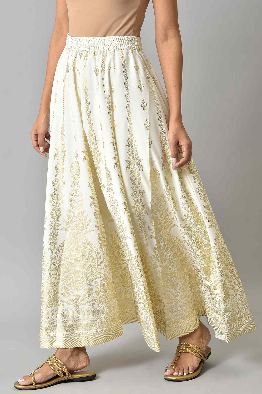 White Floral Printed Flared Woven Skirt With Elasticated Waist