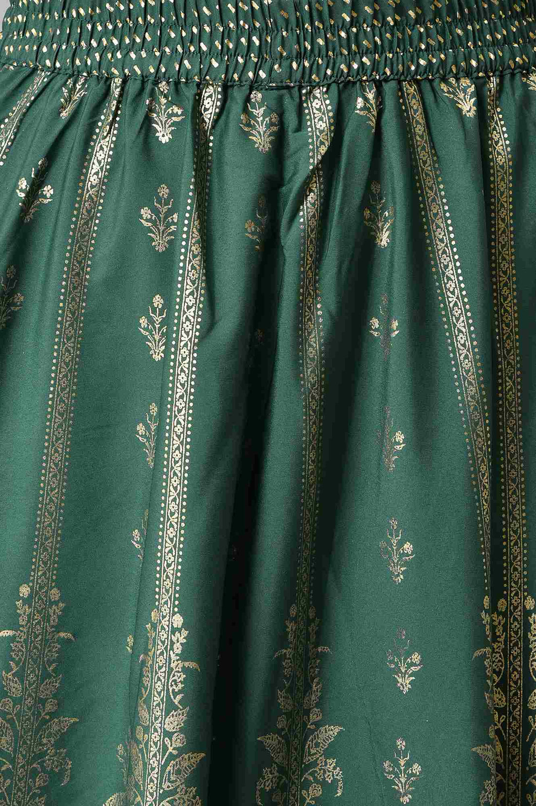 Green Floral Printed Flared Woven Skirt With Elasticated Waist