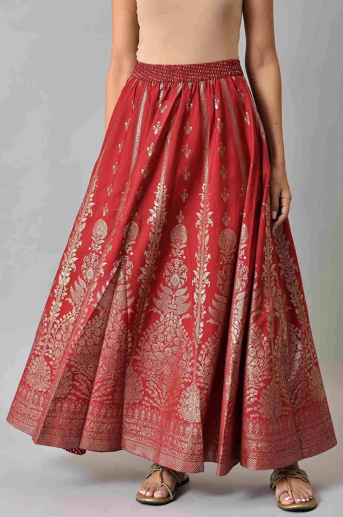 Elleven Women's Maroon Floral Printed Flared Woven Skirt With Elasticated Waist - S