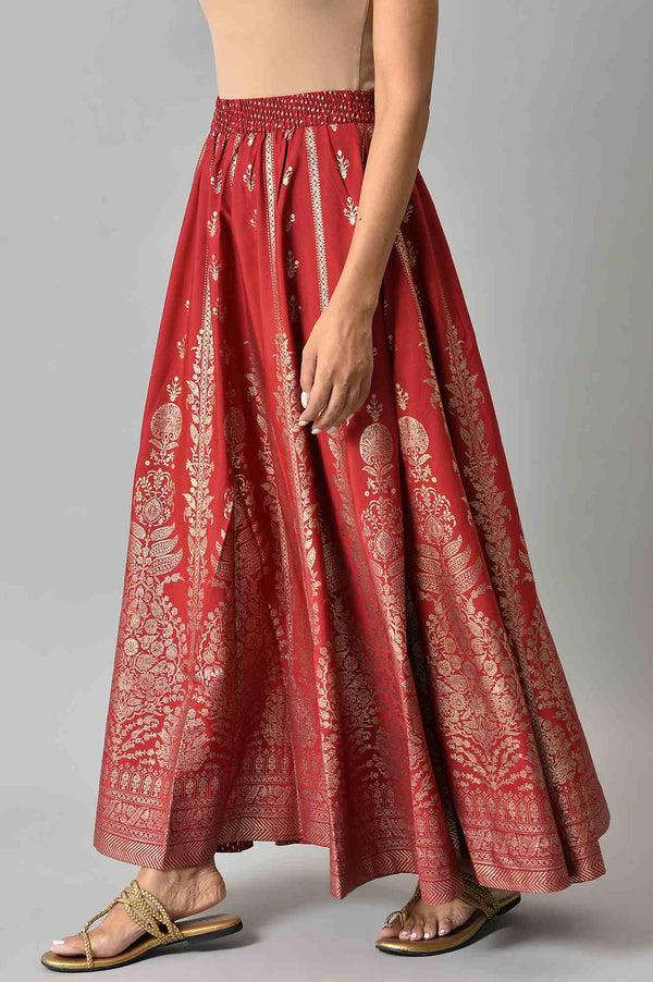 Maroon Floral Printed Flared Woven Skirt With Elasticated Waist