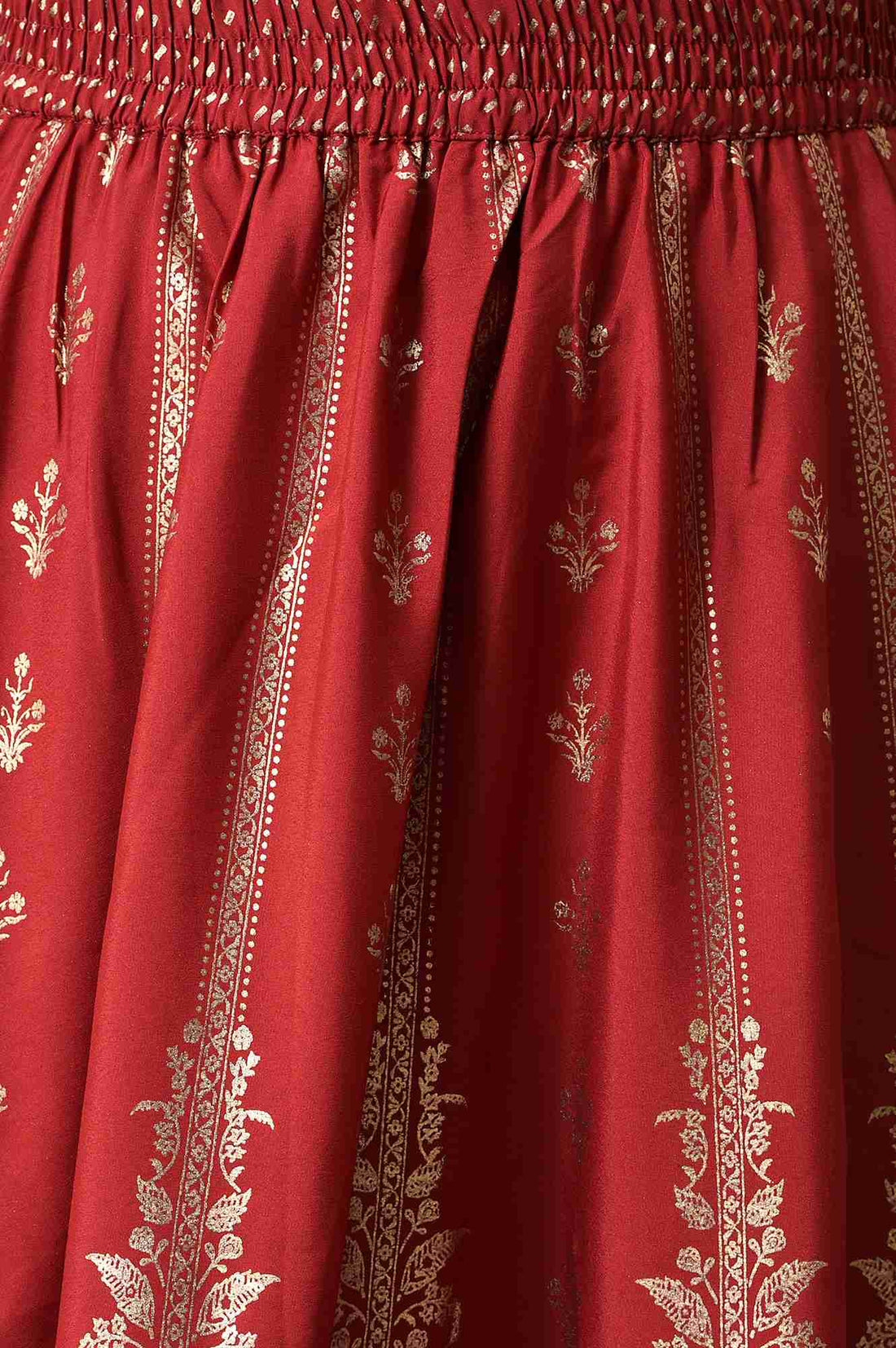 Maroon Floral Printed Flared Woven Skirt With Elasticated Waist