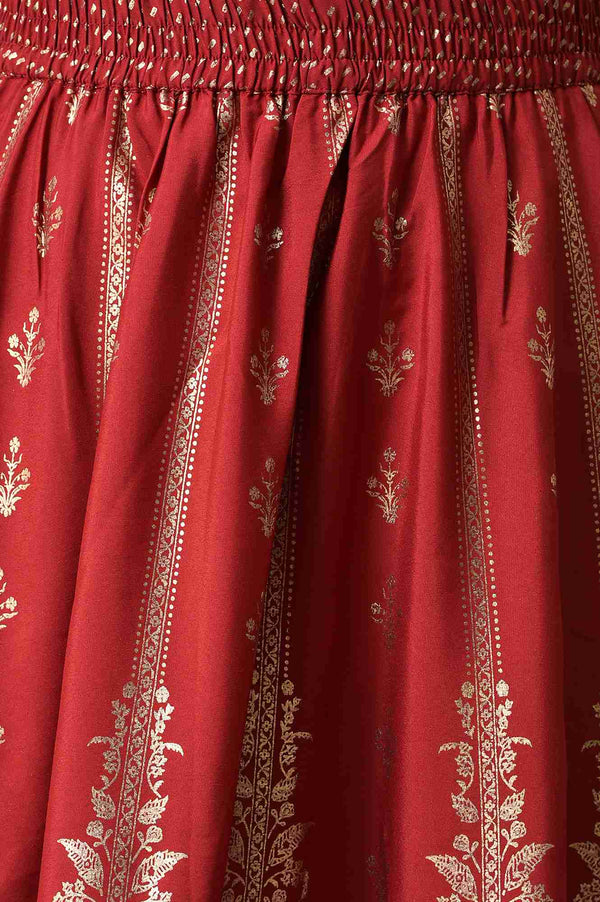 Maroon Floral Printed Flared Woven Skirt With Elasticated Waist