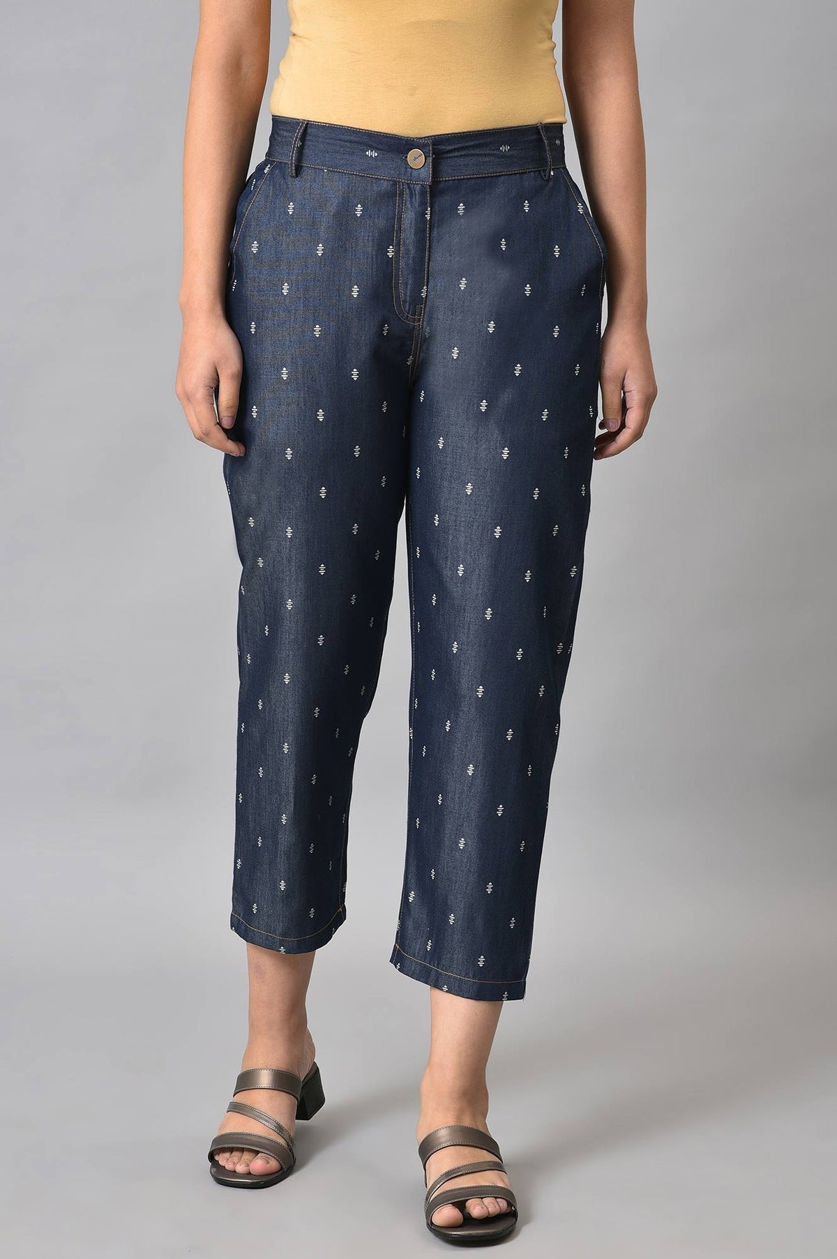 Elleven Women's Navy Blue Geometric Printed Straight Fit Denim Pants With Elasticated Waistband - S