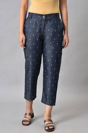 Navy Blue Geometric Printed Straight Fit Denim Pants With Elasticated Waistband