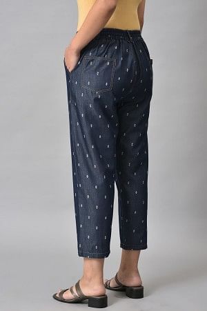 Blue Printed Denim Trouser Pants