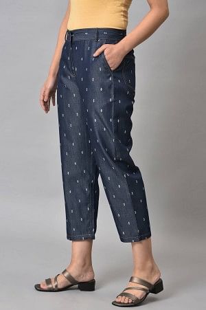 Navy Blue Geometric Printed Straight Fit Denim Pants With Elasticated Waistband