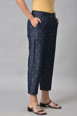 Navy Blue Geometric Printed Straight Fit Denim Pants With Elasticated Waistband