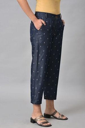 Blue Printed Denim Trouser Pants