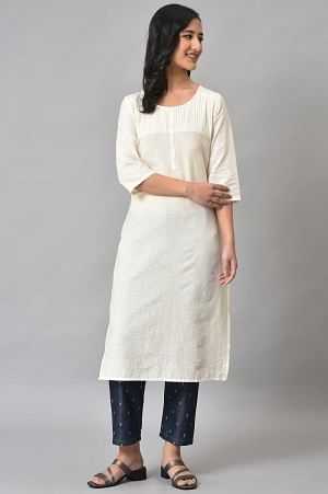 Navy Blue Geometric Printed Straight Fit Denim Pants With Elasticated Waistband