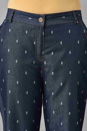 Navy Blue Geometric Printed Straight Fit Denim Pants With Elasticated Waistband