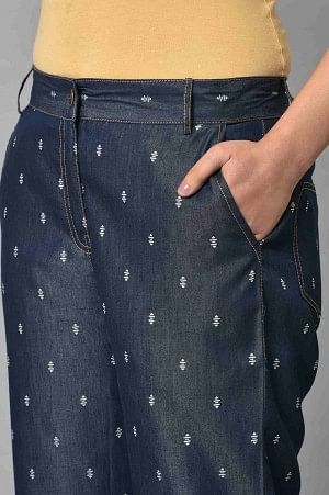 Blue Printed Denim Trouser Pants