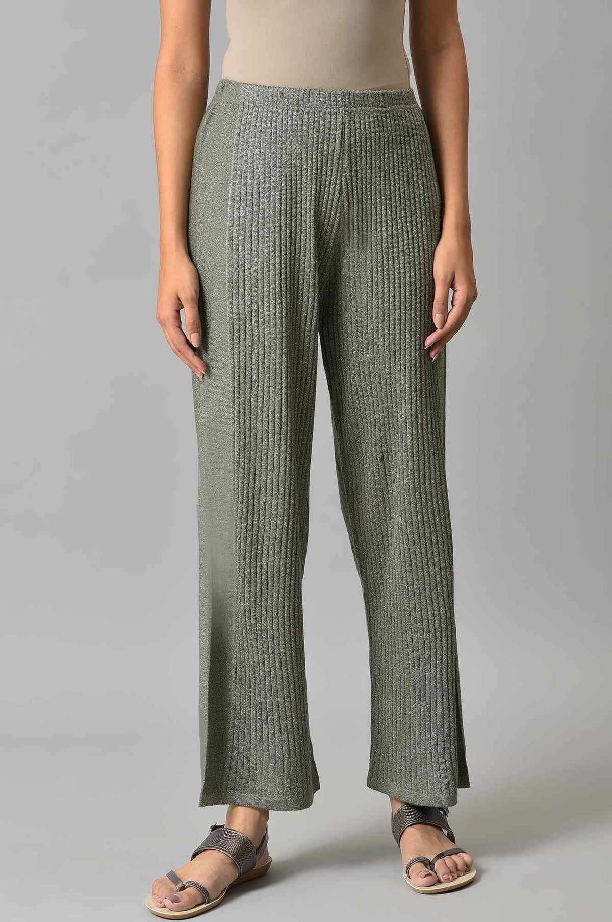 Elleven Women's Muted Sage Green Solid Boot Cut Acrylic Palazzo With Elasticated Waist - M