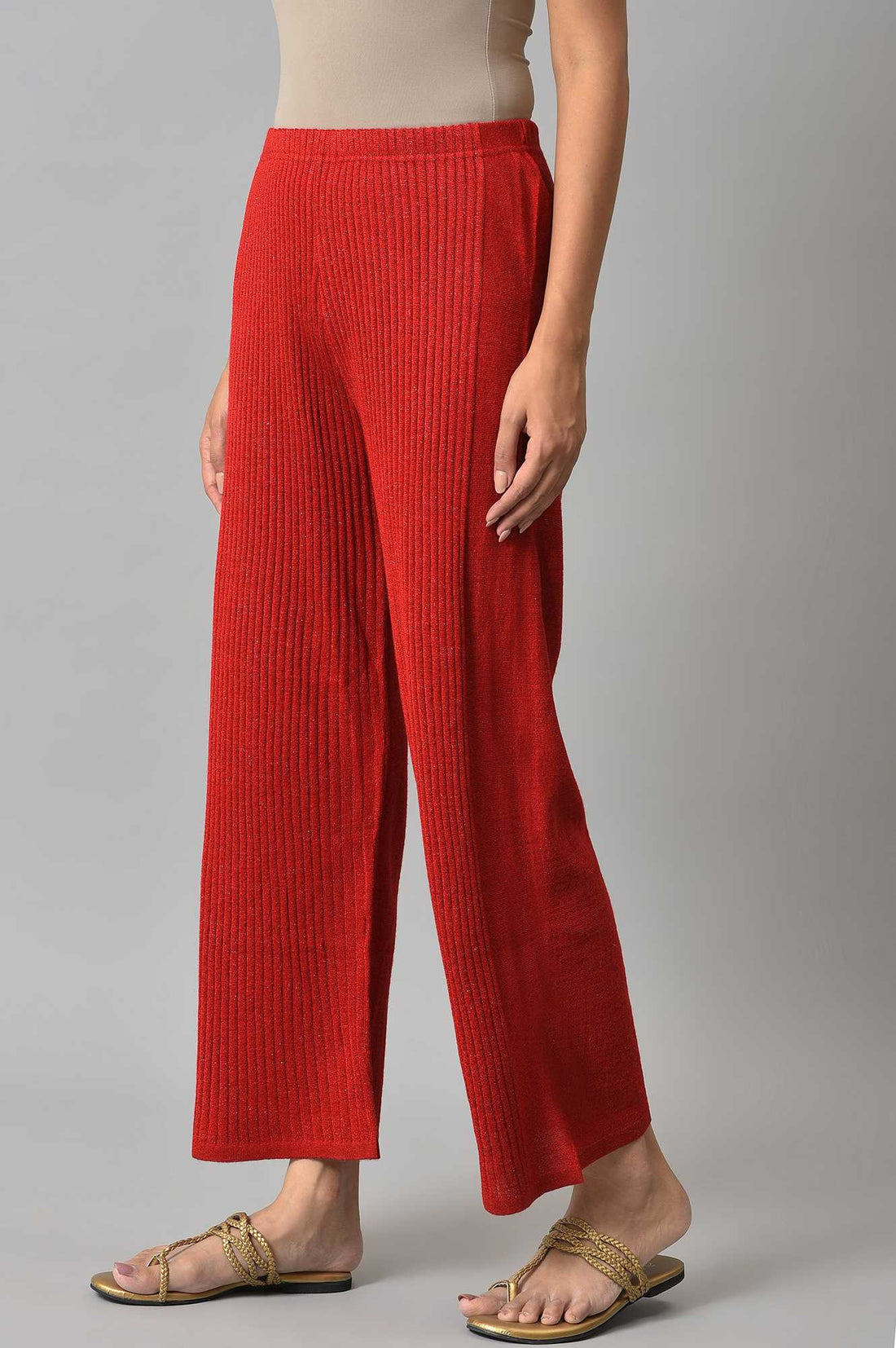 Red Solid Wide Leg Acrylic Palazzo With Elasticated Waist