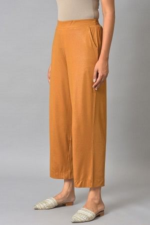 Brown Solid Straight Fit Palazzo With Slip On Closure