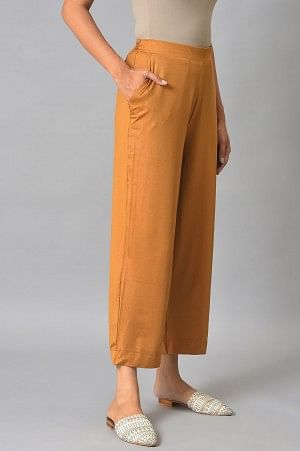 Brown Solid Straight Fit Palazzo With Slip On Closure
