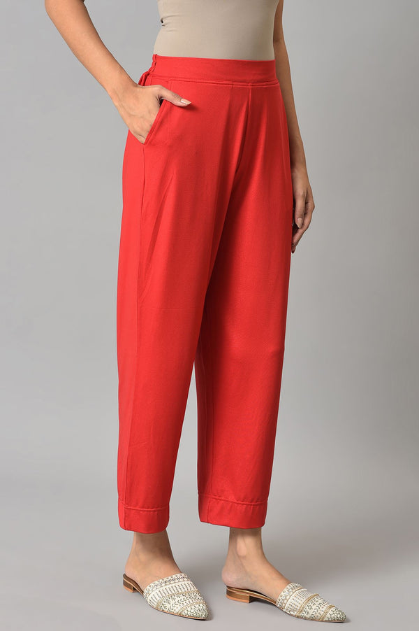Red Solid Straight Fit Palazzo With Side Pockets