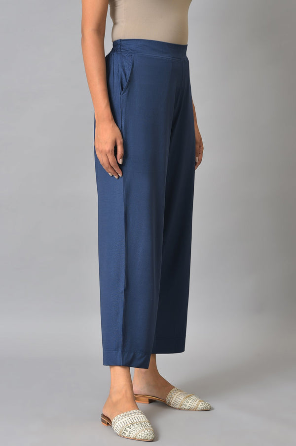 Blue Solid Straight Fit Palazzo With Side Pockets