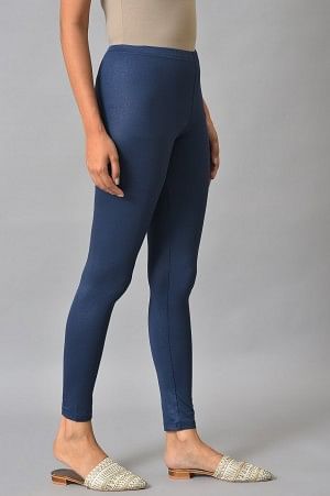 Blue Solid Skinny Fit Tights With Slip On Closure