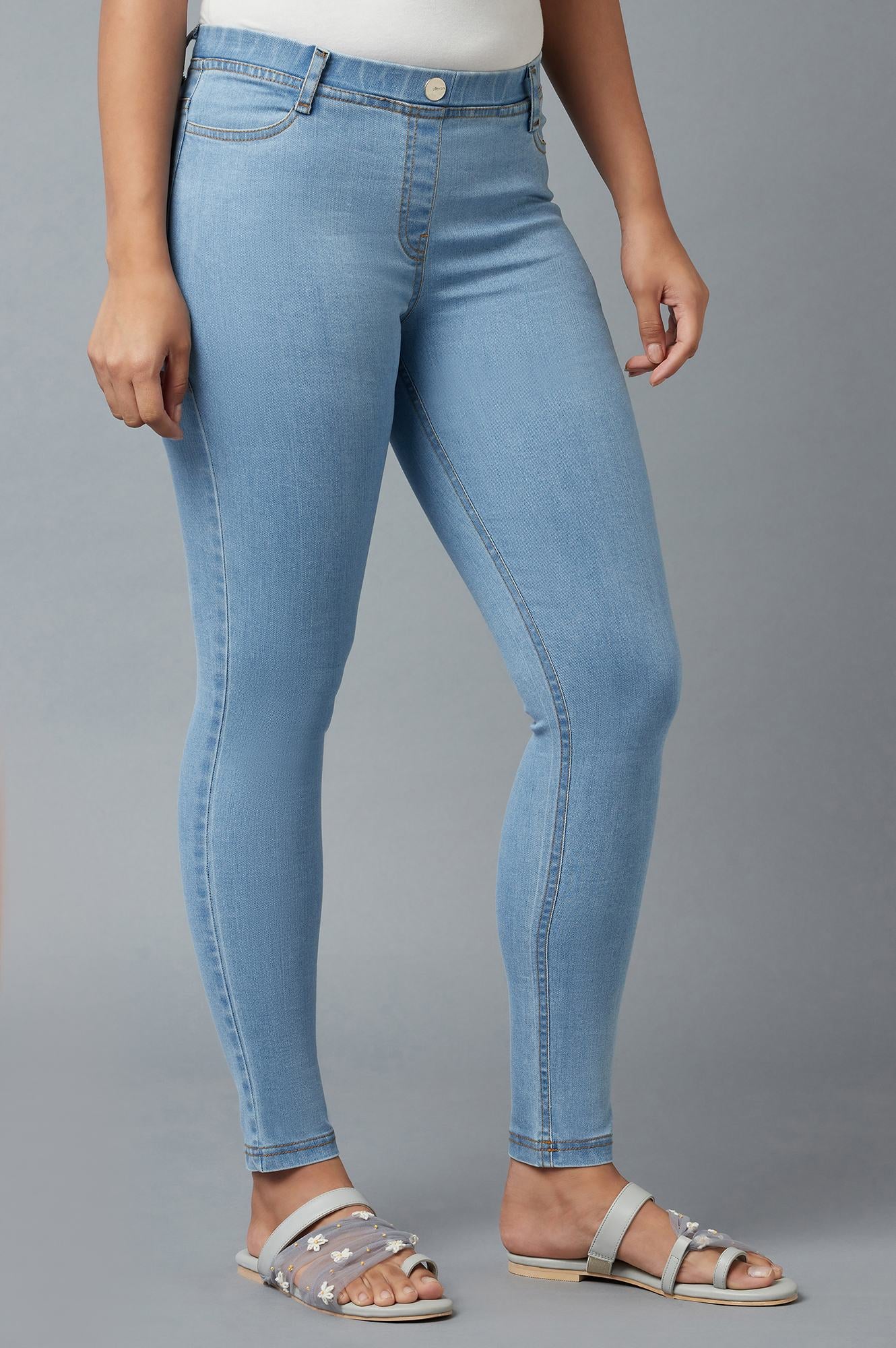 Buy Ice Blue Yarn-Dyed Denim Jeggings Online for Woman Shop for