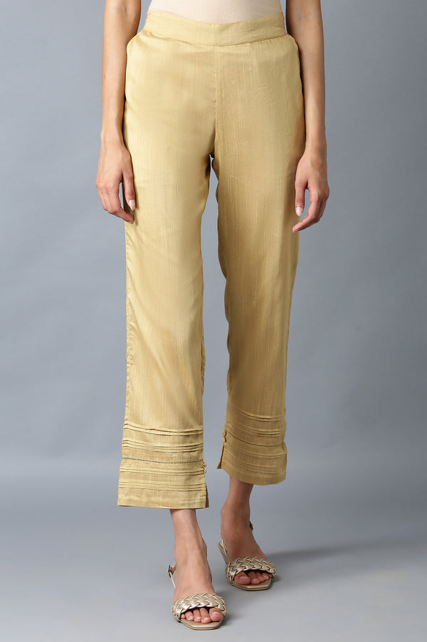 Elleven Women's Gold Solid Straight Fit Ankle Length Mid Rise Trousers