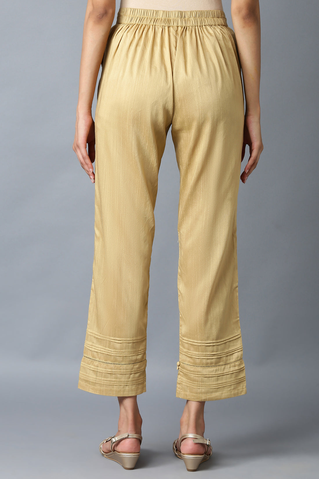 Gold Solid Straight Fit Trousers With Elasticated Waist