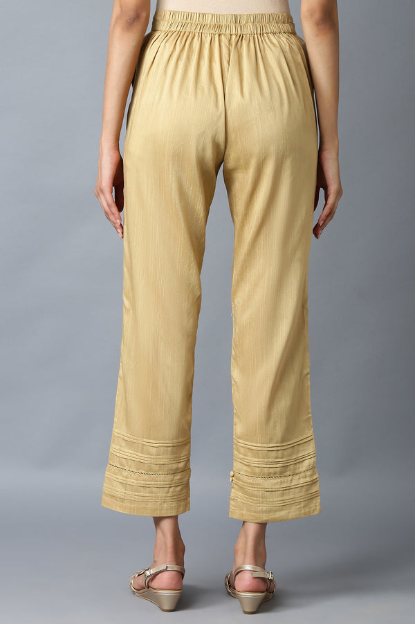 Elleven Women's Gold Solid Straight Fit Ankle Length Mid Rise Trousers