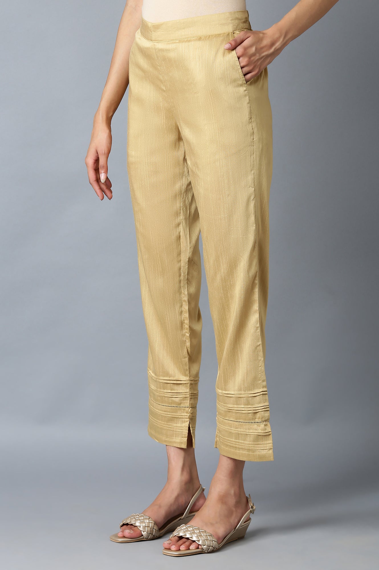 Beige Yarn-Dyed Solid Trousers