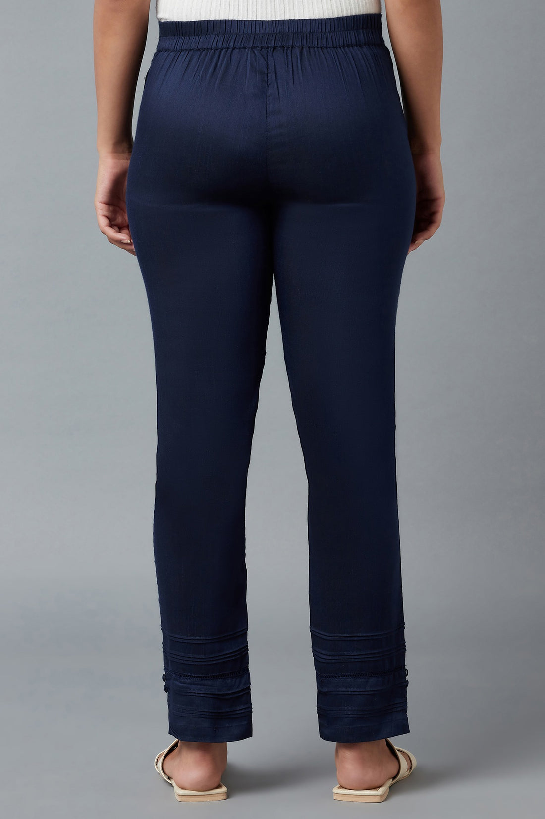 Navy Blue Solid Straight Fit Trousers With Elasticated Waist