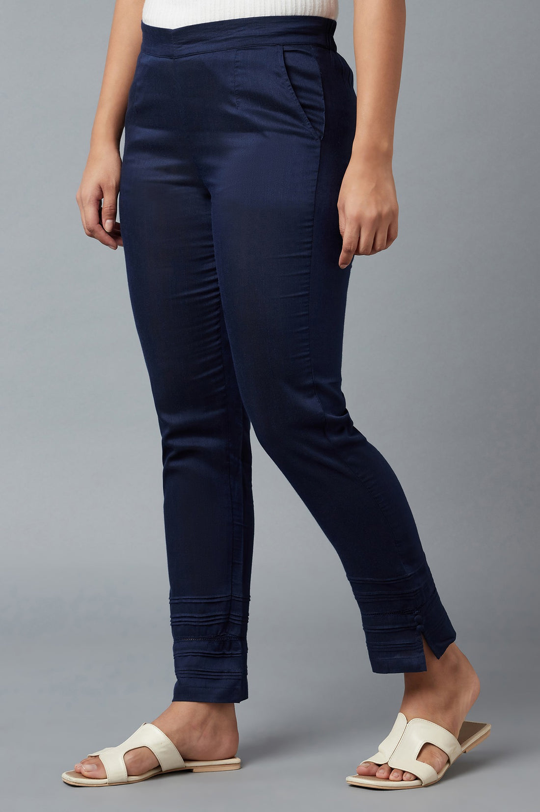 Navy Blue Solid Straight Fit Trousers With Elasticated Waist