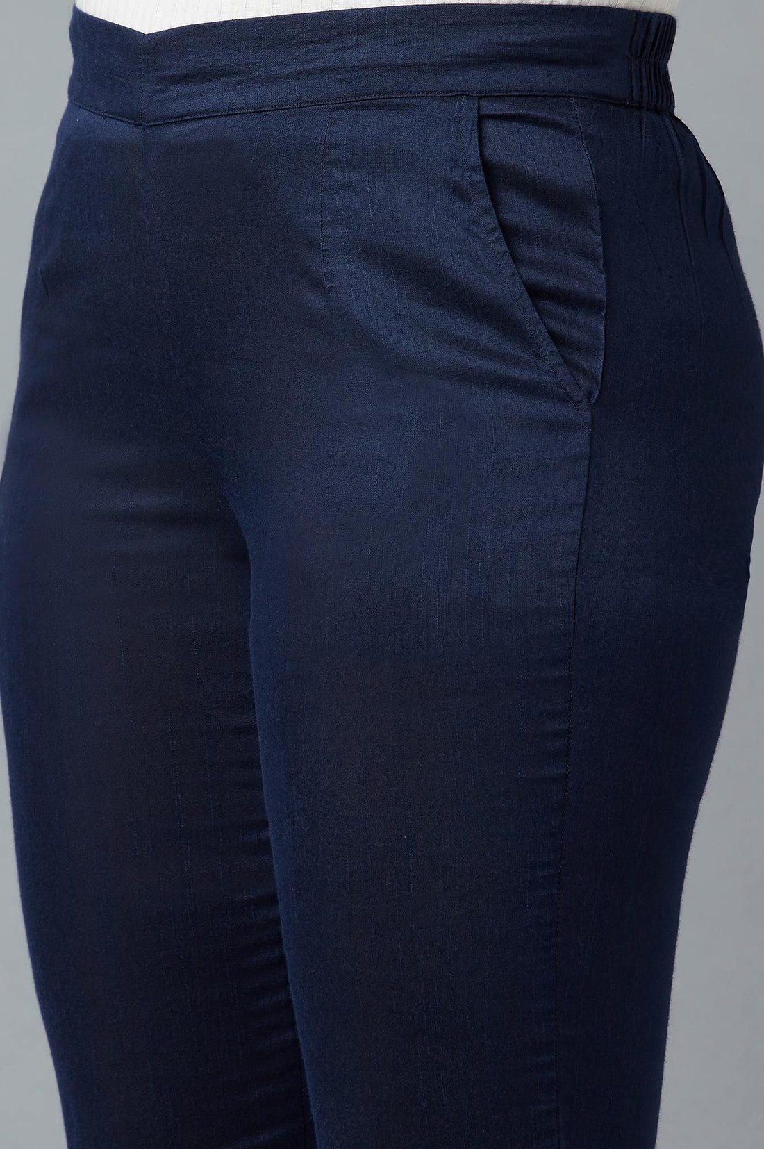 Navy Blue Solid Straight Fit Trousers With Elasticated Waist