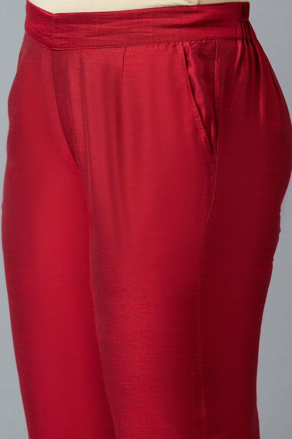 Red Solid Straight Fit Trousers With Elasticated Waist
