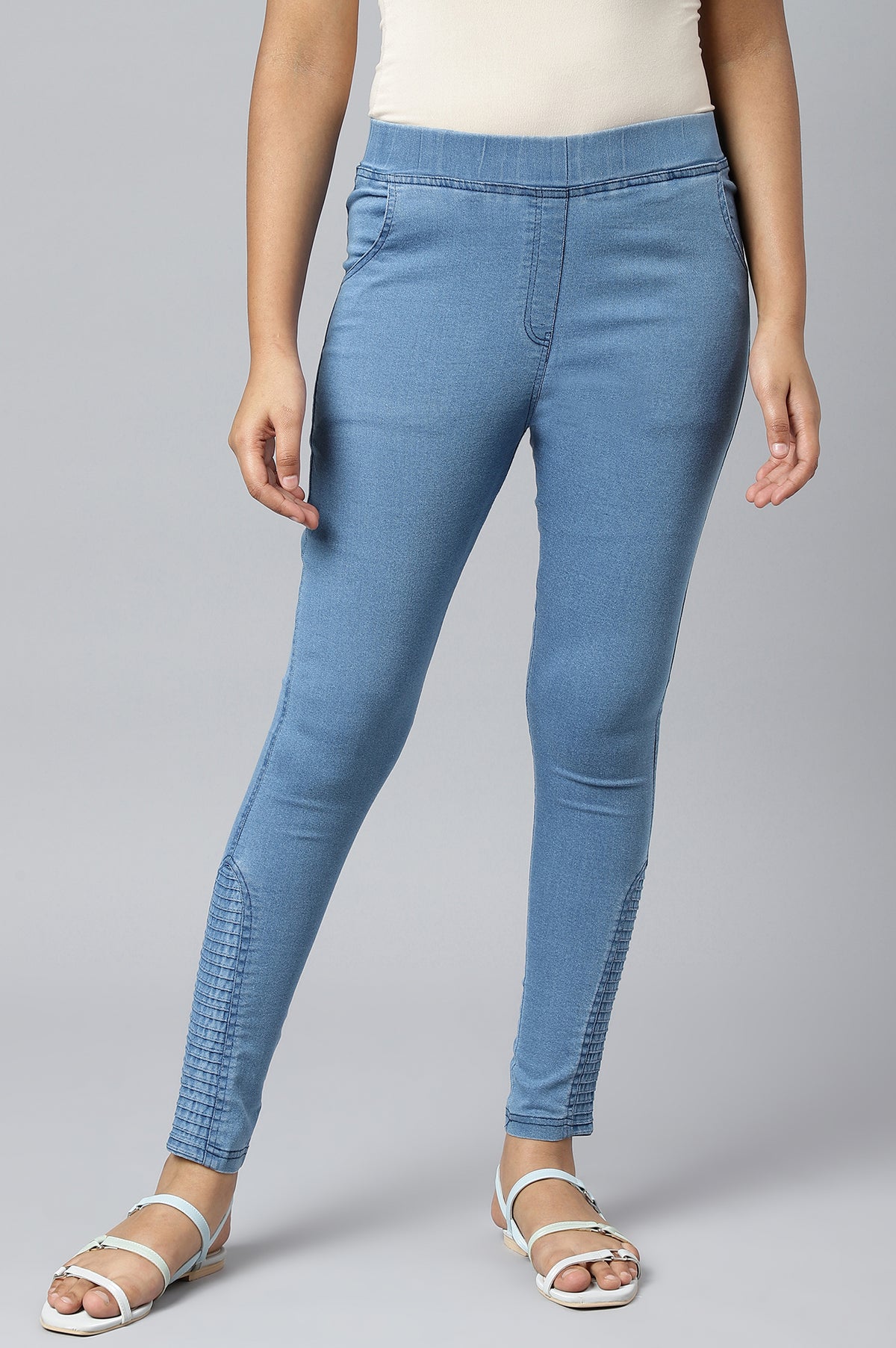 Light Blue Pintucks Denim Jeggings - S