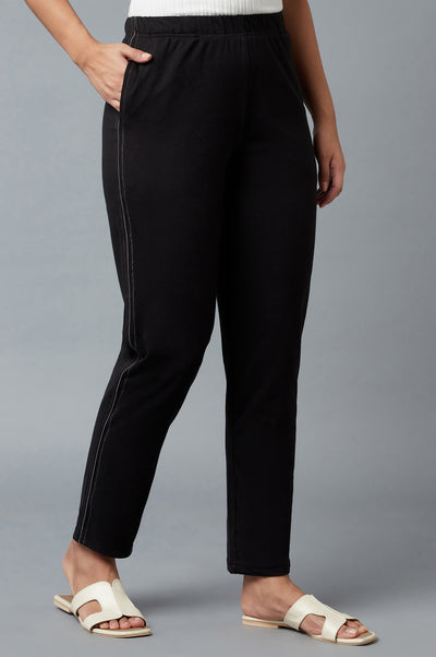 Black Solid Straight Fit Cotton Pants With Elasticated Waist
