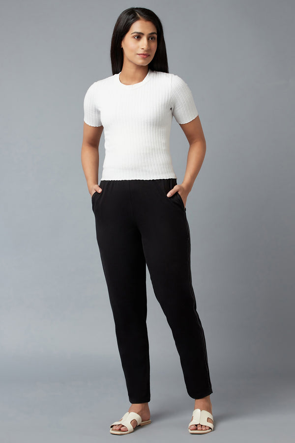 Black Solid Straight Fit Cotton Pants With Elasticated Waist
