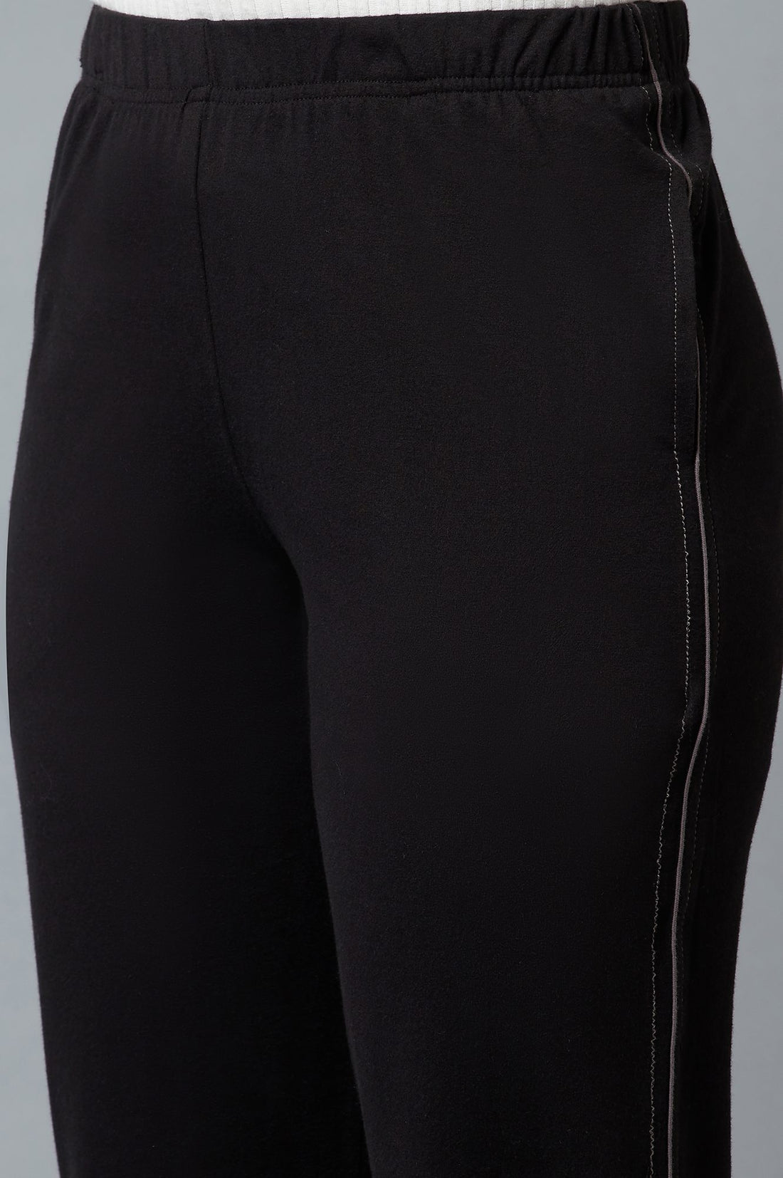 Black Solid Straight Fit Cotton Pants With Elasticated Waist