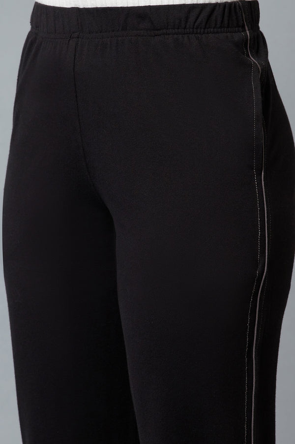 Black Solid Straight Fit Cotton Pants With Elasticated Waist