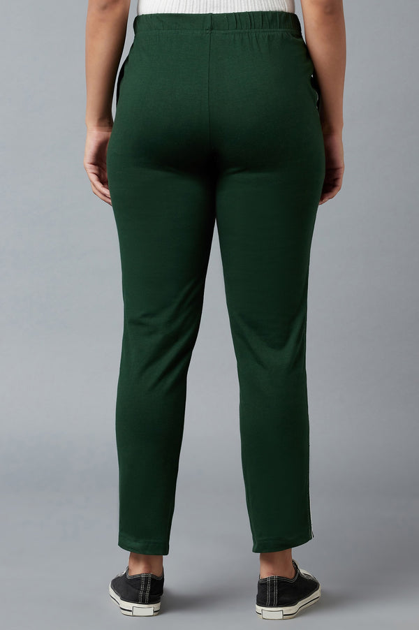 Dark Green Solid Straight Fit Cotton Pants With Elasticated Waistband