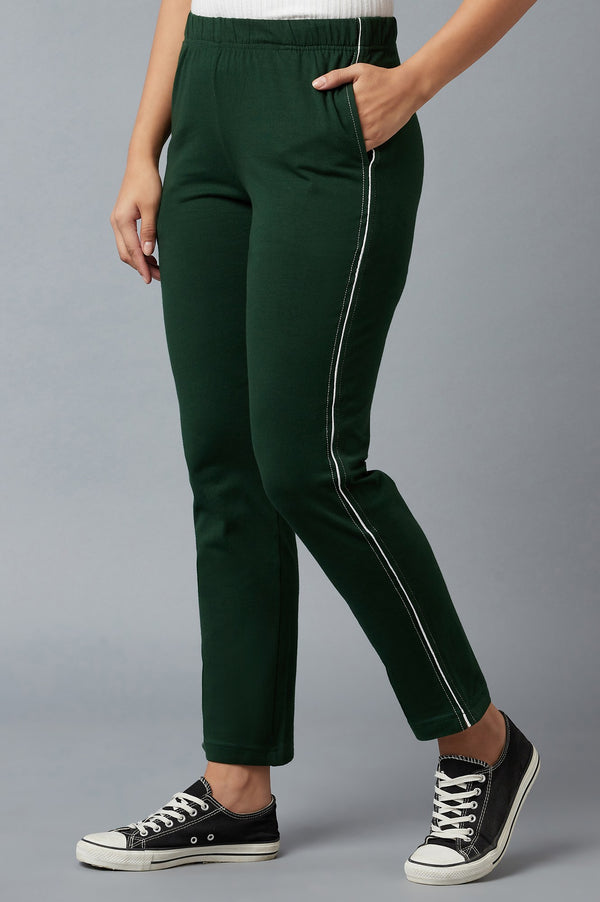 Dark Green Solid Straight Fit Cotton Pants With Elasticated Waistband