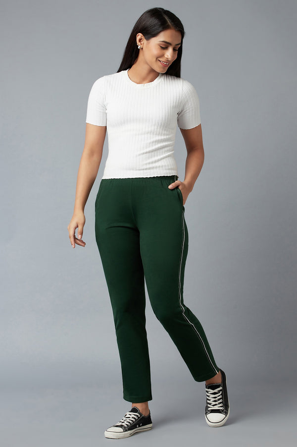 Dark Green Solid Straight Fit Cotton Pants With Elasticated Waistband