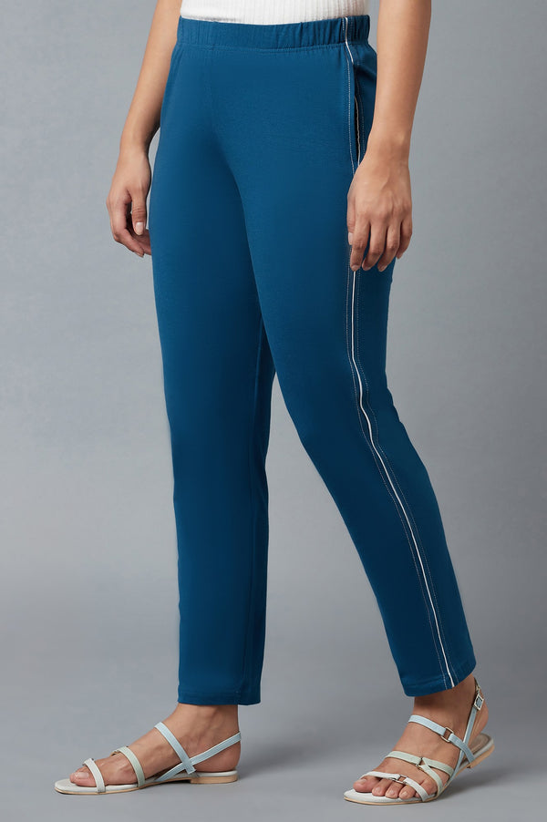 Blue Solid Straight Fit Cotton Pants With Elasticated Waistband